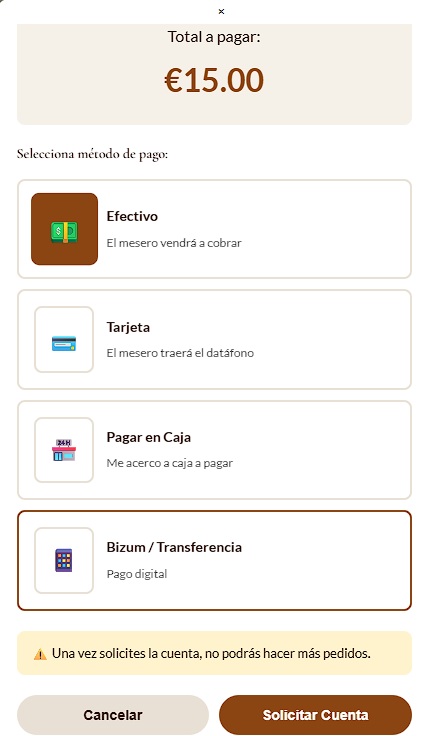 Seleccion de metodo de pago al pedir la cuenta